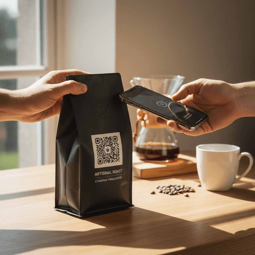Person scanning QR code on coffee bag