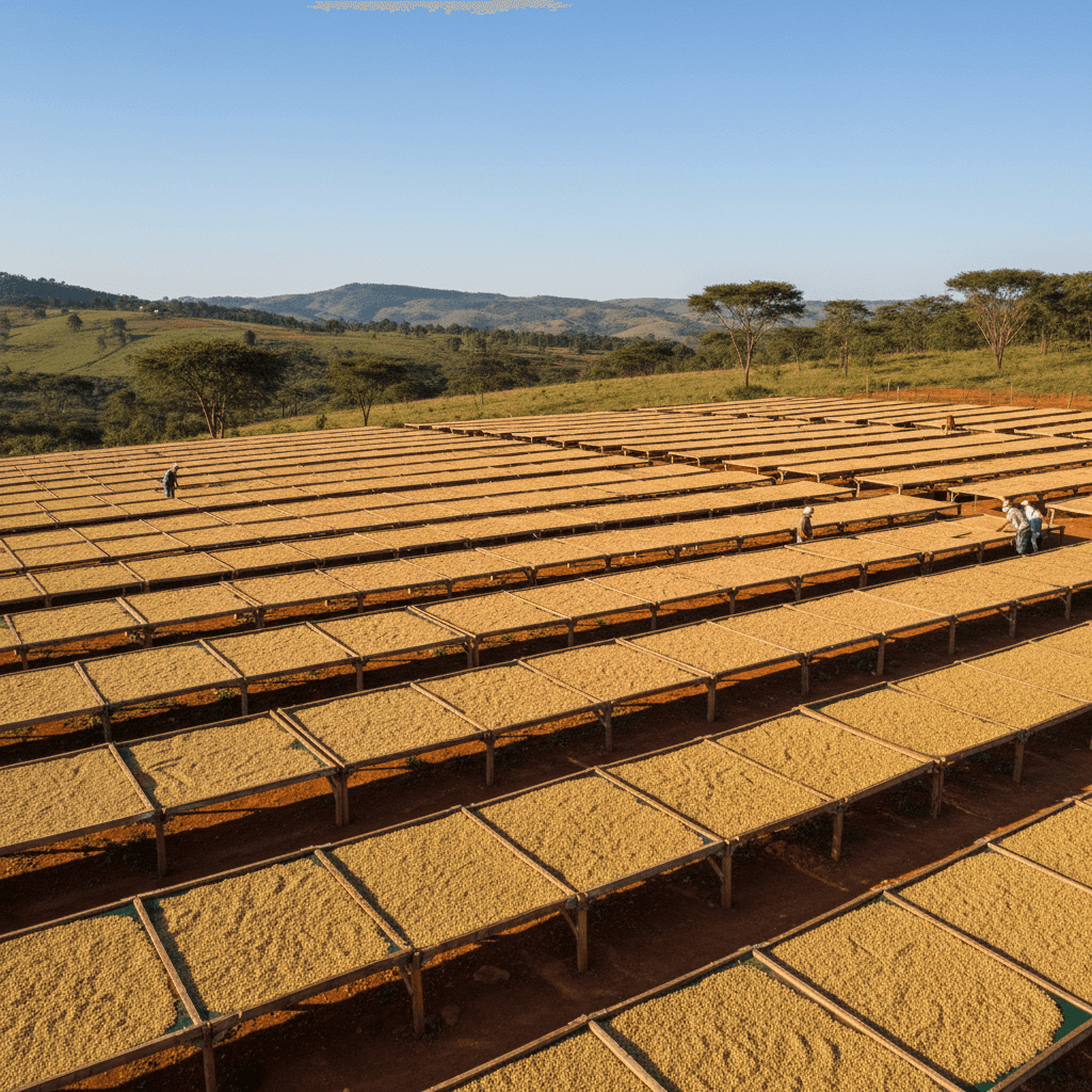 Coffee drying on raised beds